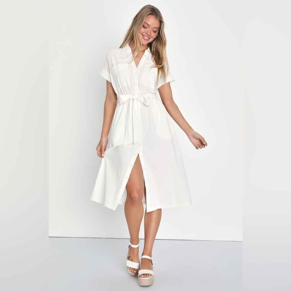 NWT - Lulu’s white button-up short sleeve midi dress - size large